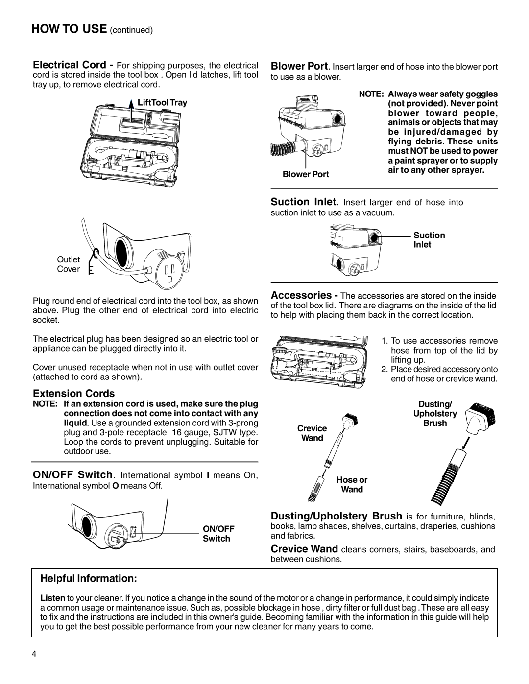 Eureka 1040 Series warranty Extension Cords, Helpful Information, On/Off 