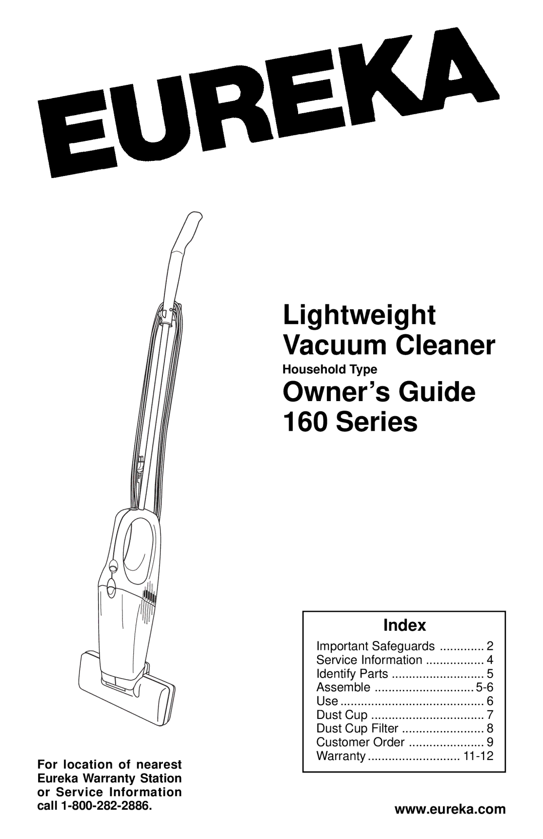 Eureka warranty Owner’s Guide 160 Series, Index 