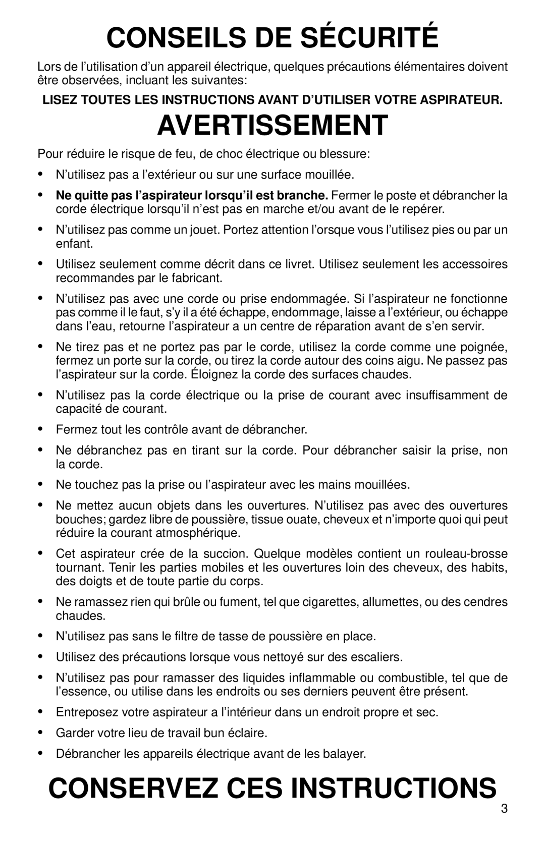 Eureka 160 Series warranty Conseils DE Sécurité 