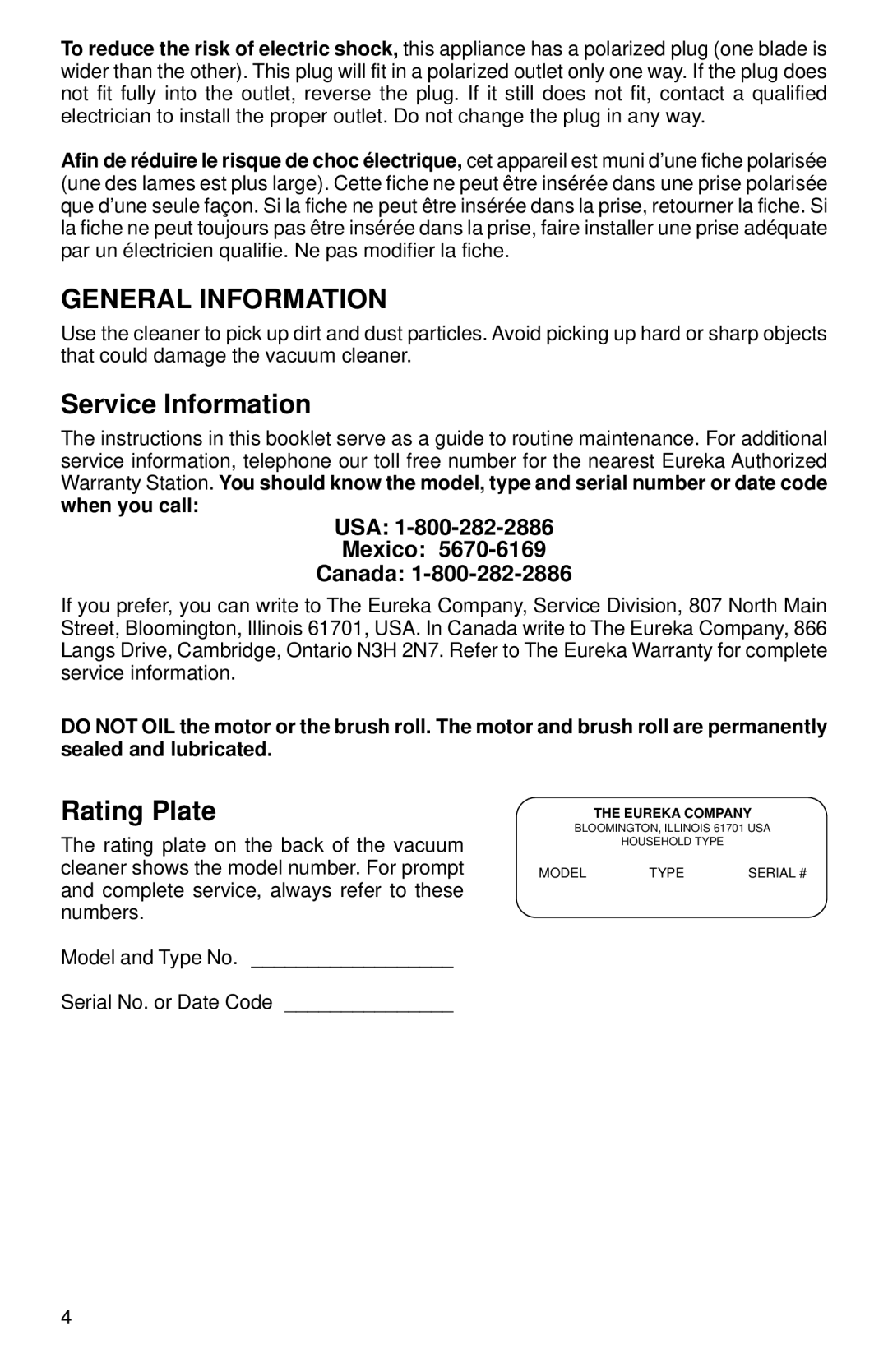 Eureka 160 Series warranty General Information, Service Information, Rating Plate 