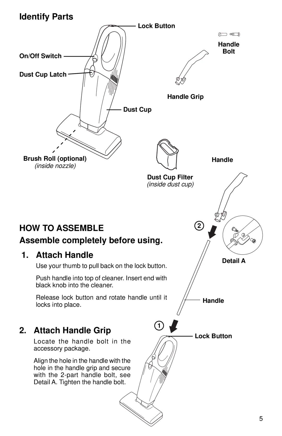 Eureka 160 Series Identify Parts, HOW to Assemble, Assemble completely before using Attach Handle, Attach Handle Grip 