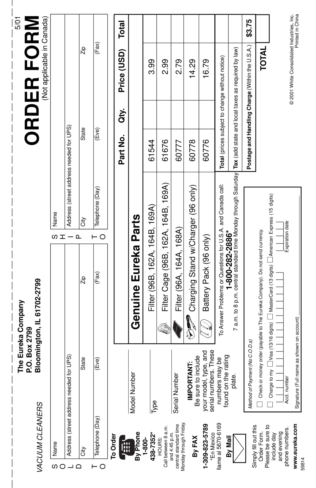 Eureka 160 Series warranty Order Form 