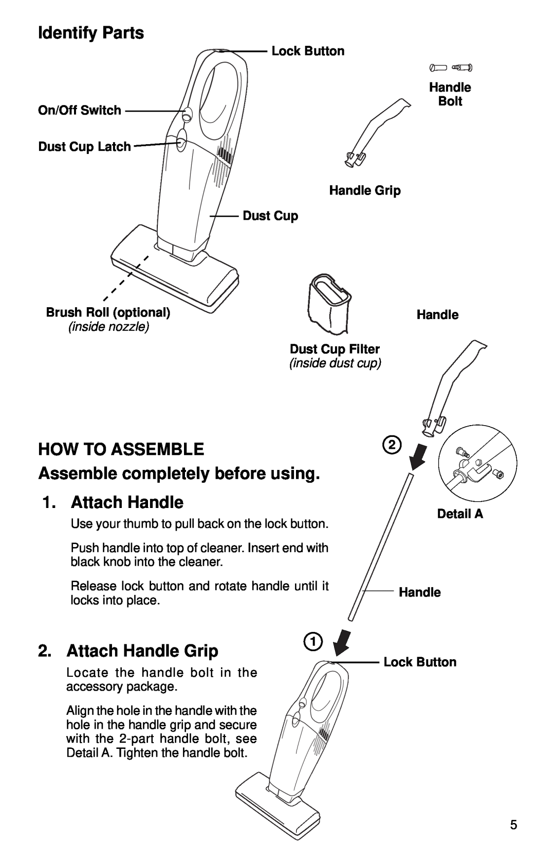 Eureka 160 Series Identify Parts, HOW TO ASSEMBLE Assemble completely before using 1. Attach Handle, Attach Handle Grip 