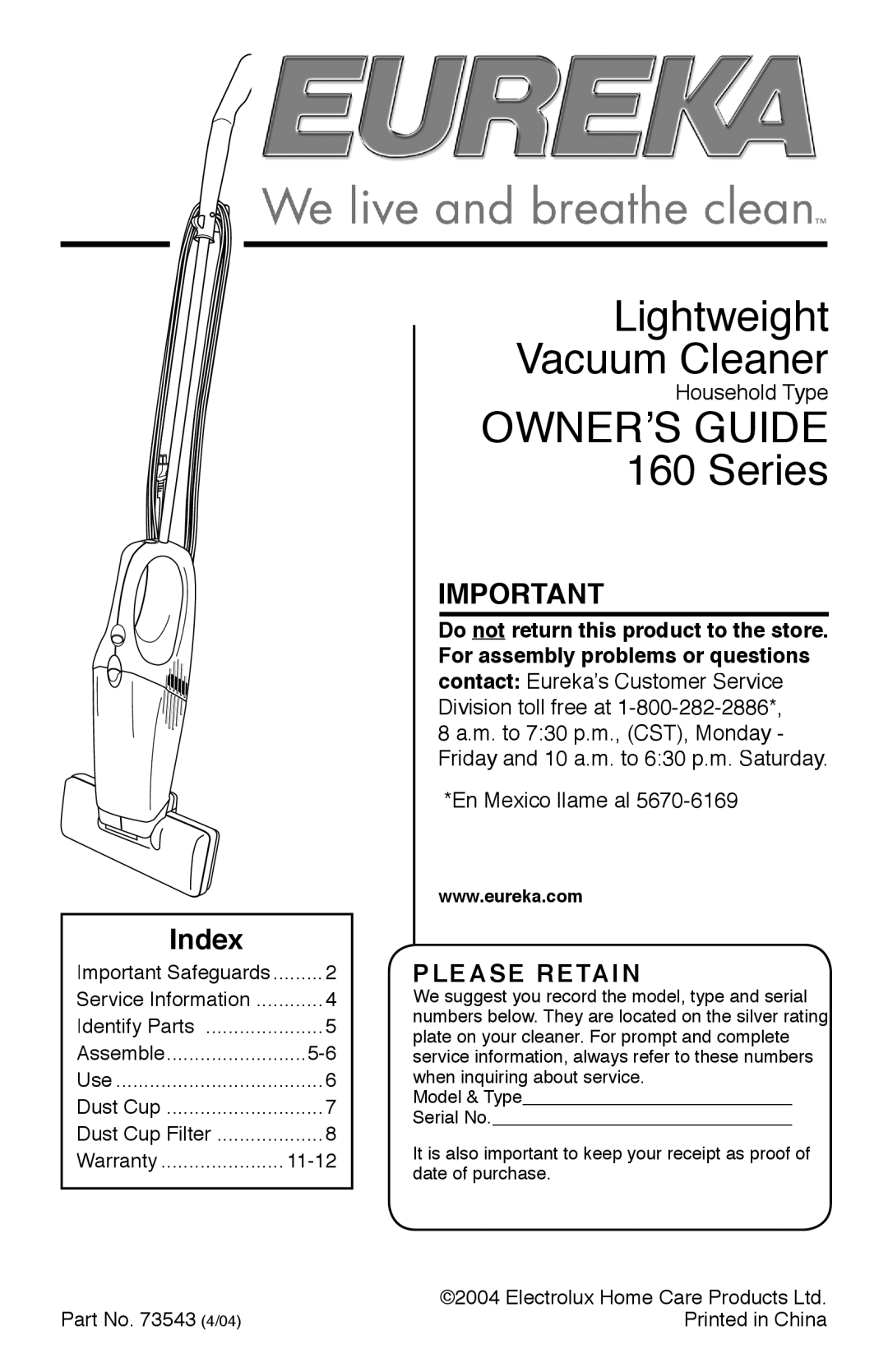 Eureka warranty Lightweight Vacuum Cleaner, OWNERʼS GUIDE 160 Series, Index, Please Retain, Household Type 