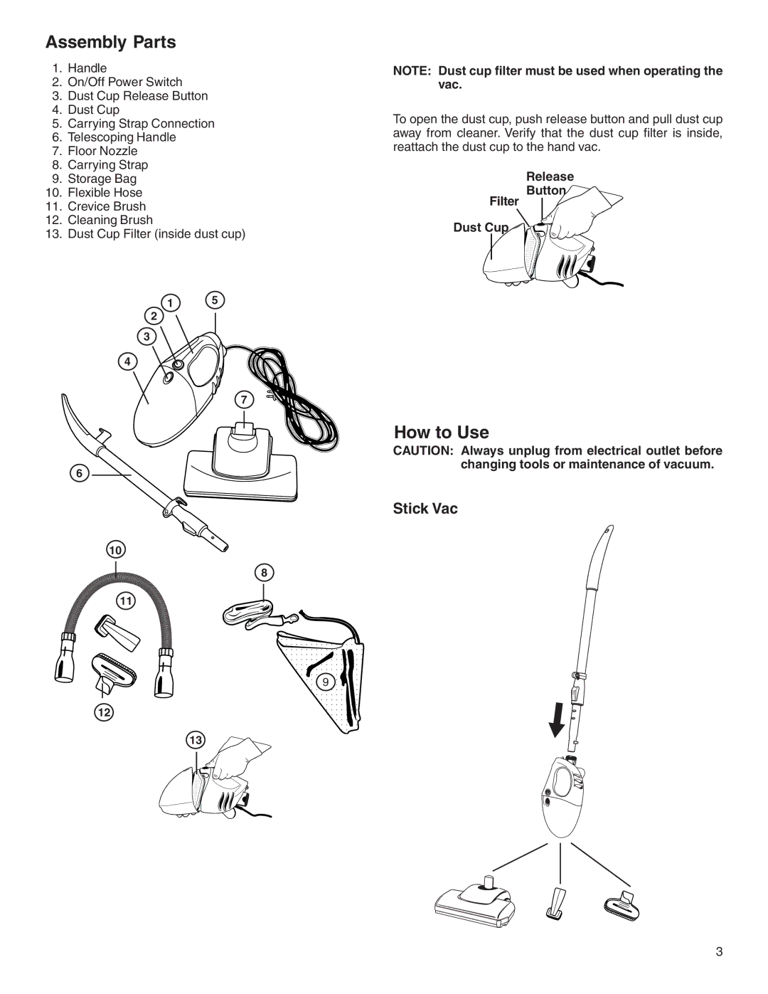 Eureka 170 SERIES warranty Assembly Parts, How to Use, Stick Vac 