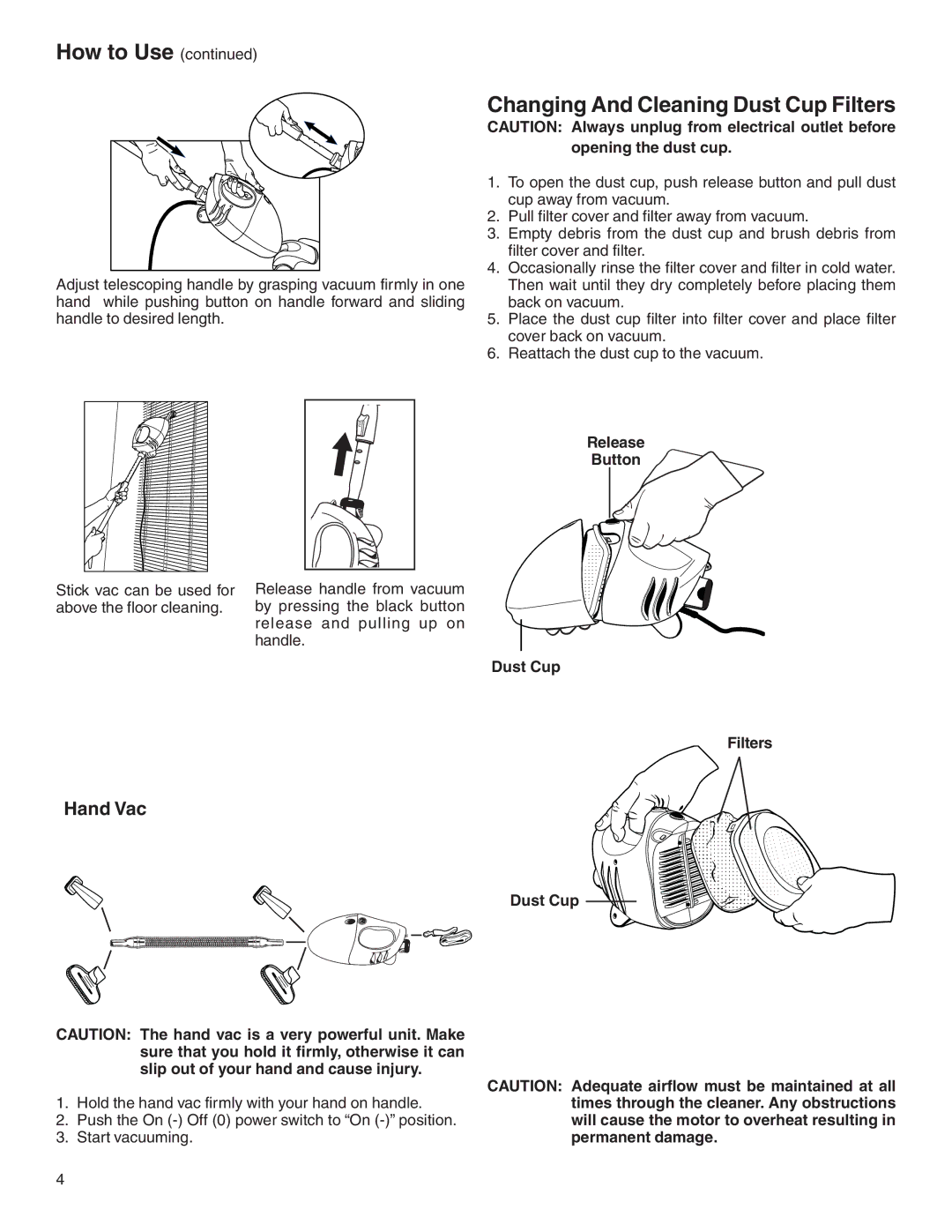 Eureka 170 SERIES warranty Changing And Cleaning Dust Cup Filters, Hand Vac 