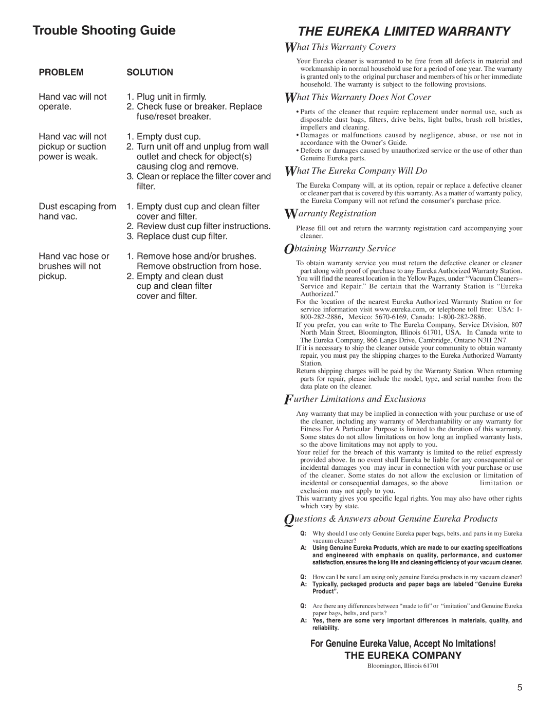 Eureka 170 SERIES warranty Trouble Shooting Guide, Problem, Solution 