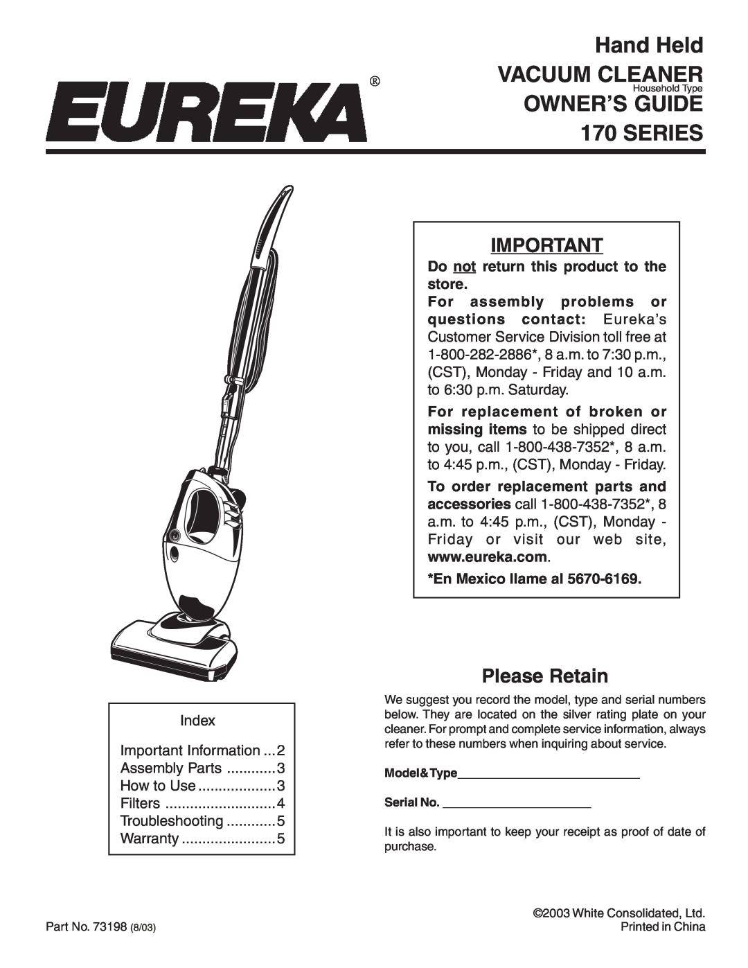 Eureka 170 SERIES warranty Do not return this product to the store, En Mexico llame al, Hand Held, Vacuum Cleaner, Series 