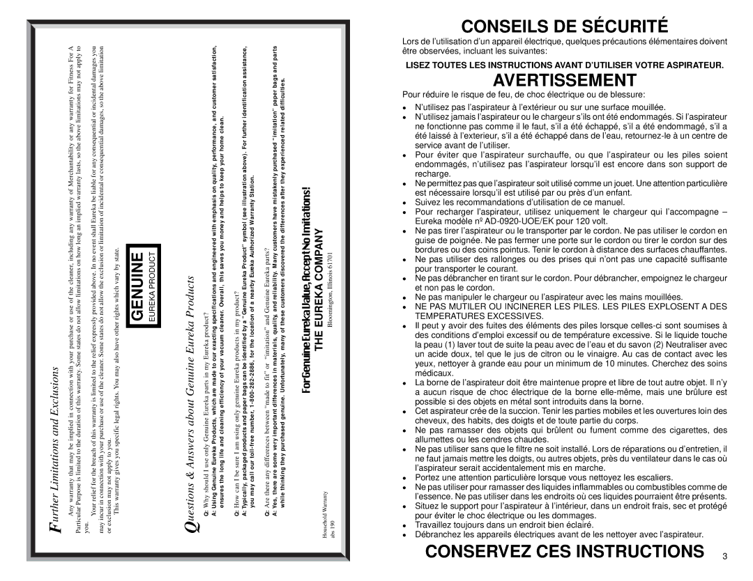 Eureka 178A warranty Conseils DE Sécurité, Avertissement, Conservez CES Instructions 