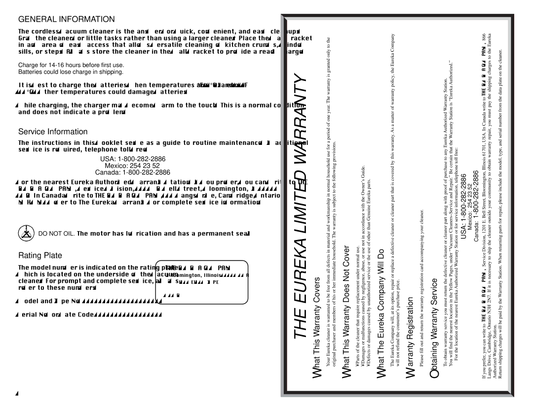 Eureka 178A warranty General Information, Service Information, Rating Plate 