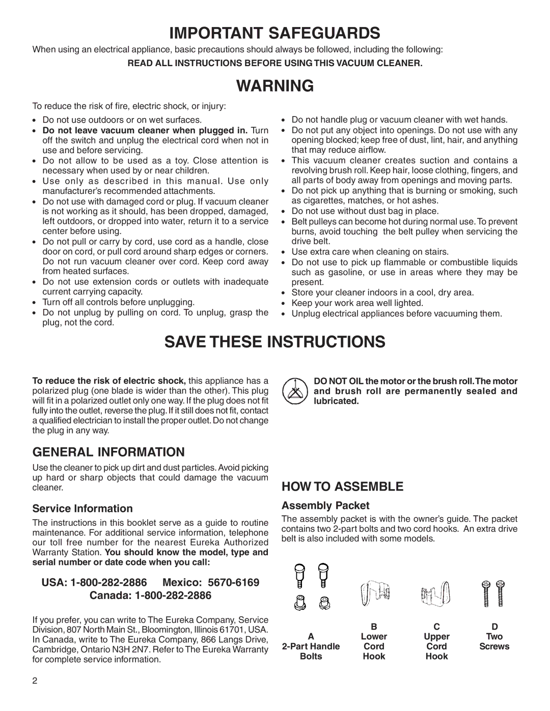 Eureka 1950 General Information, HOW to Assemble, Service Information, USA 1-800-282-2886 Mexico Canada, Assembly Packet 