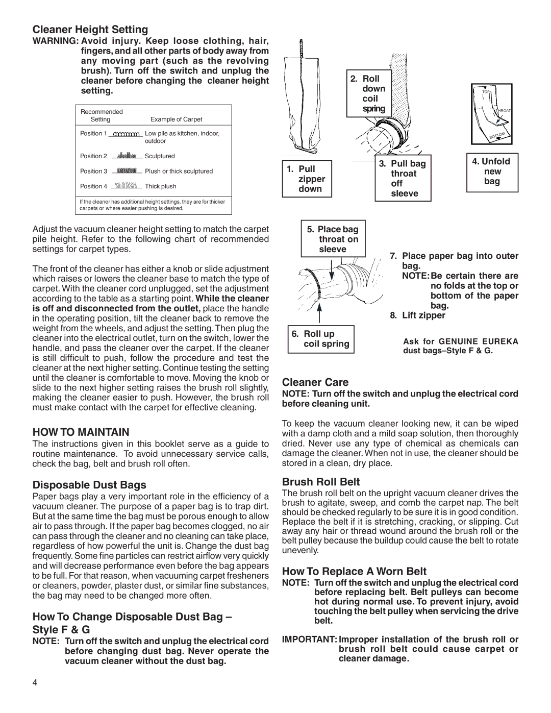 Eureka 1950 warranty Cleaner Height Setting, Cleaner Care, Disposable Dust Bags, How To Replace a Worn Belt 