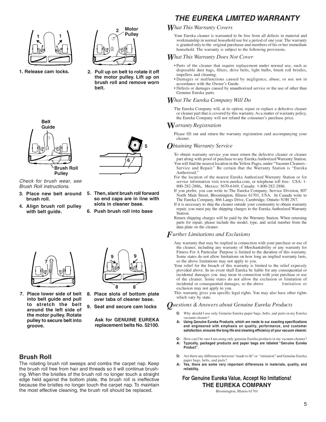 Eureka 1950 warranty Eureka Limited Warranty, Brush Roll 