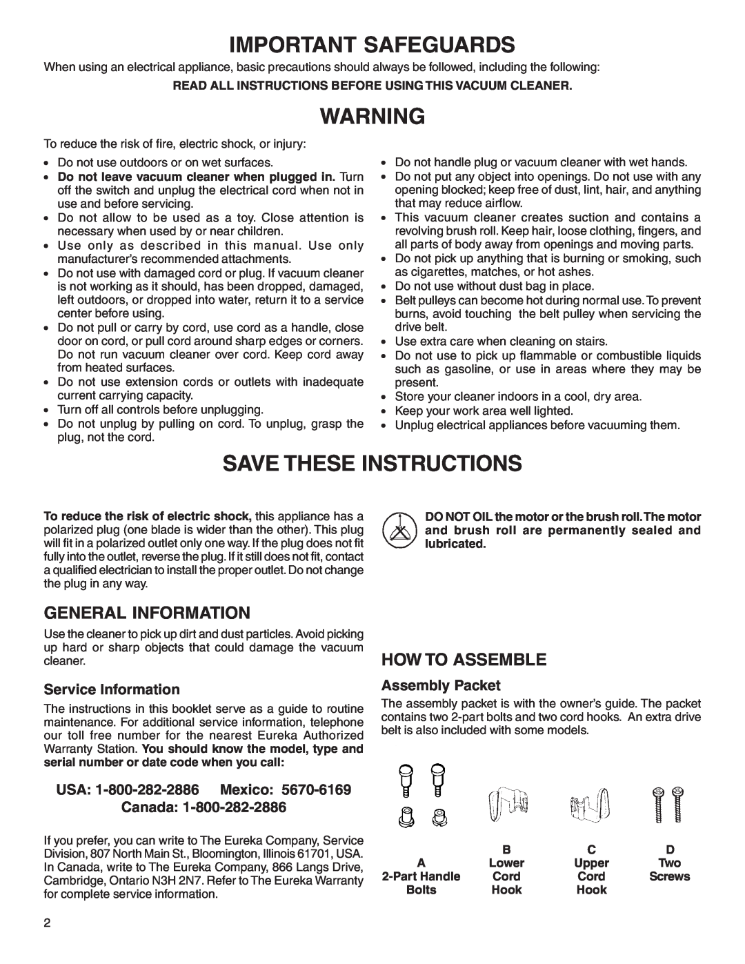Eureka 1950 Important Safeguards, Save These Instructions, General Information, How To Assemble, Service Information 