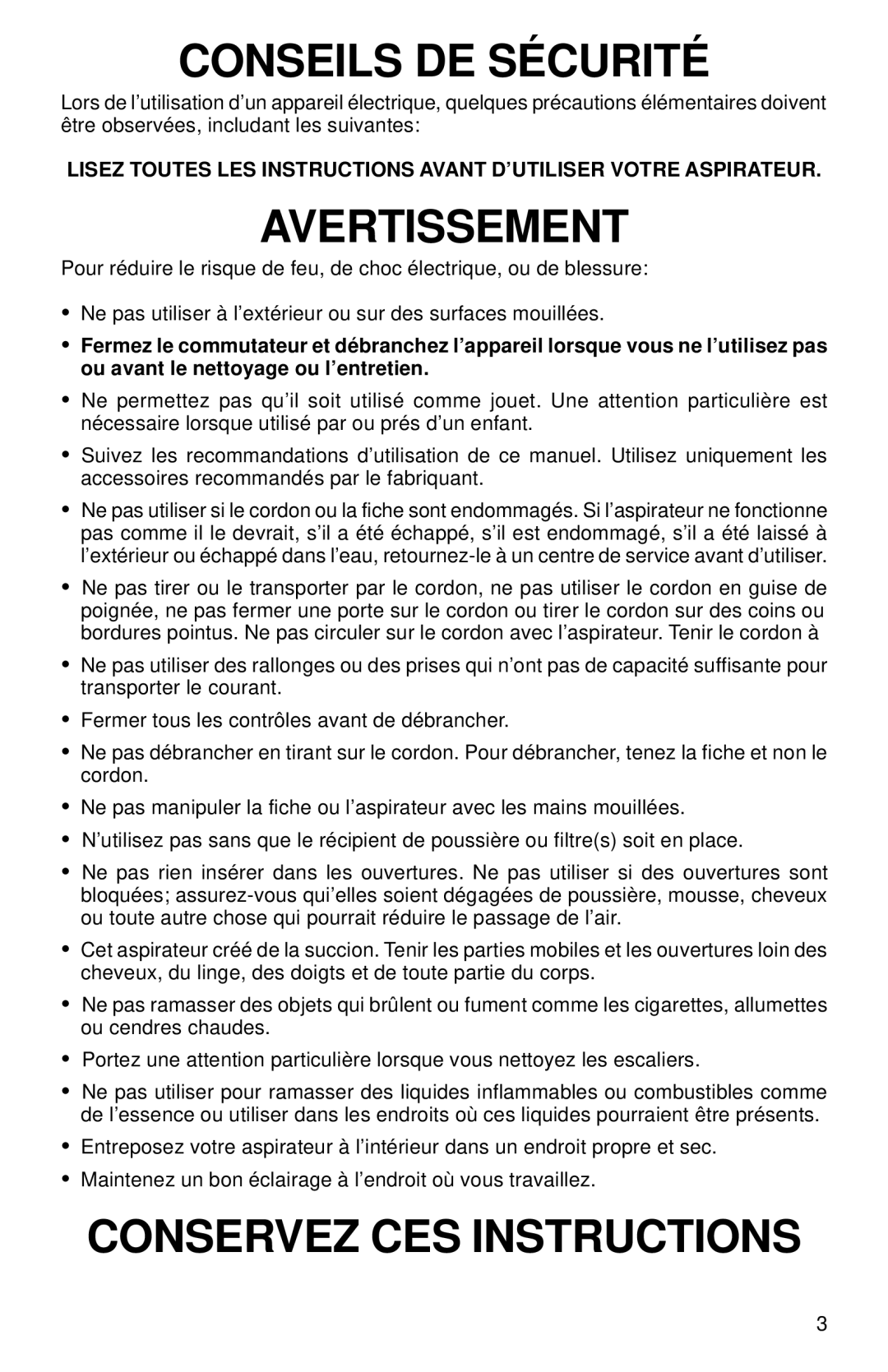 Eureka 200 Series warranty Conseils DE Sécurité 