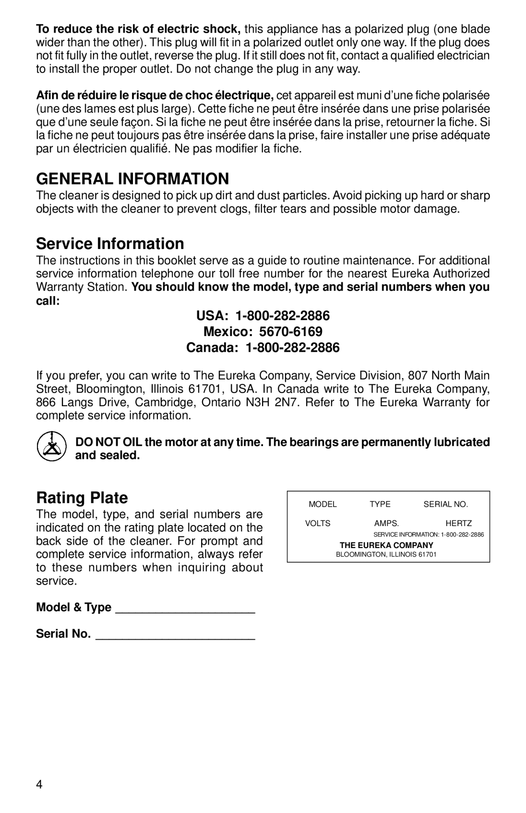 Eureka 200 Series warranty General Information, Service Information, Rating Plate 