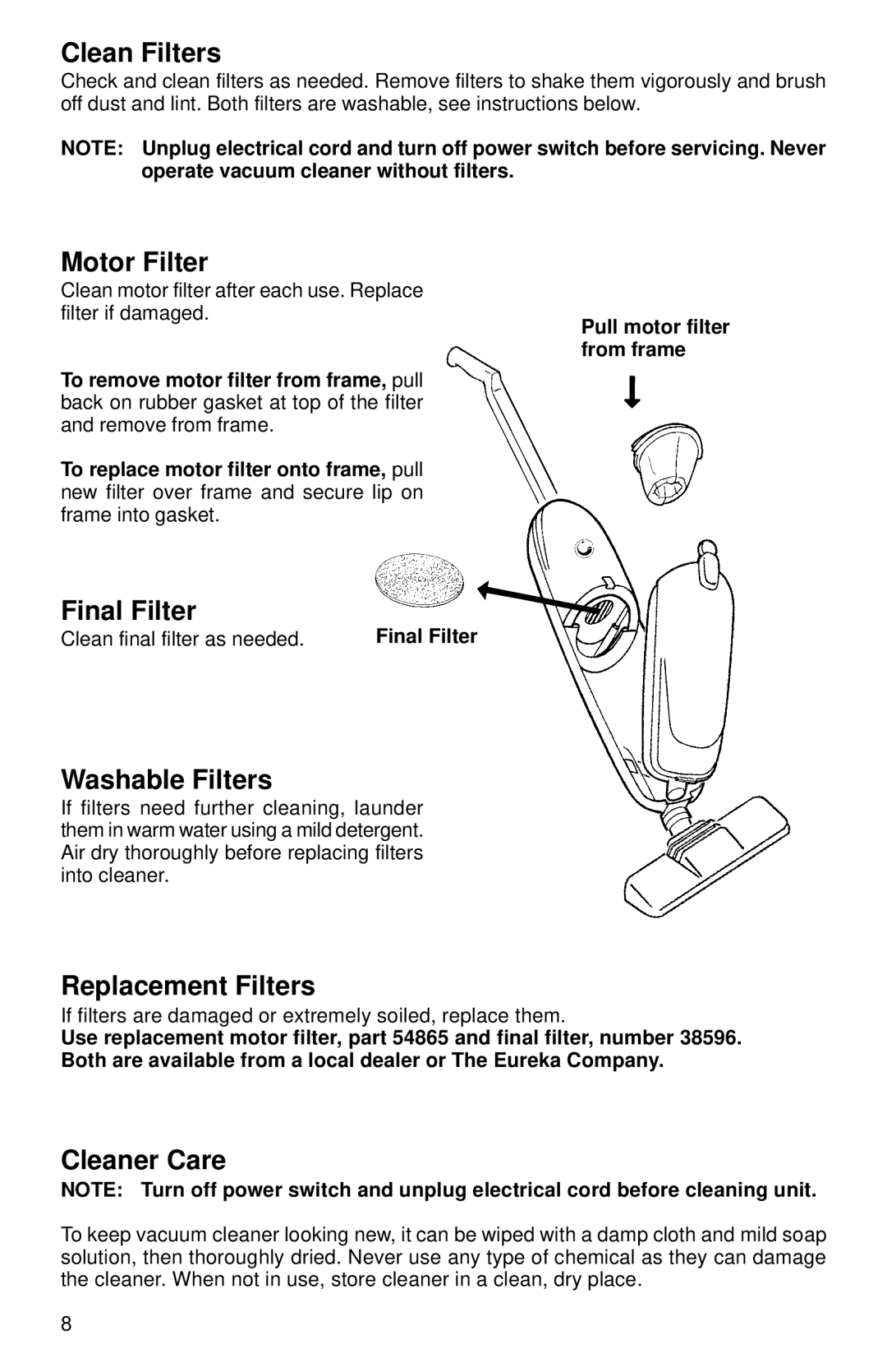 Eureka 200 Series warranty Clean Filters, Motor Filter, Final Filter, Washable Filters, Replacement Filters, Cleaner Care 