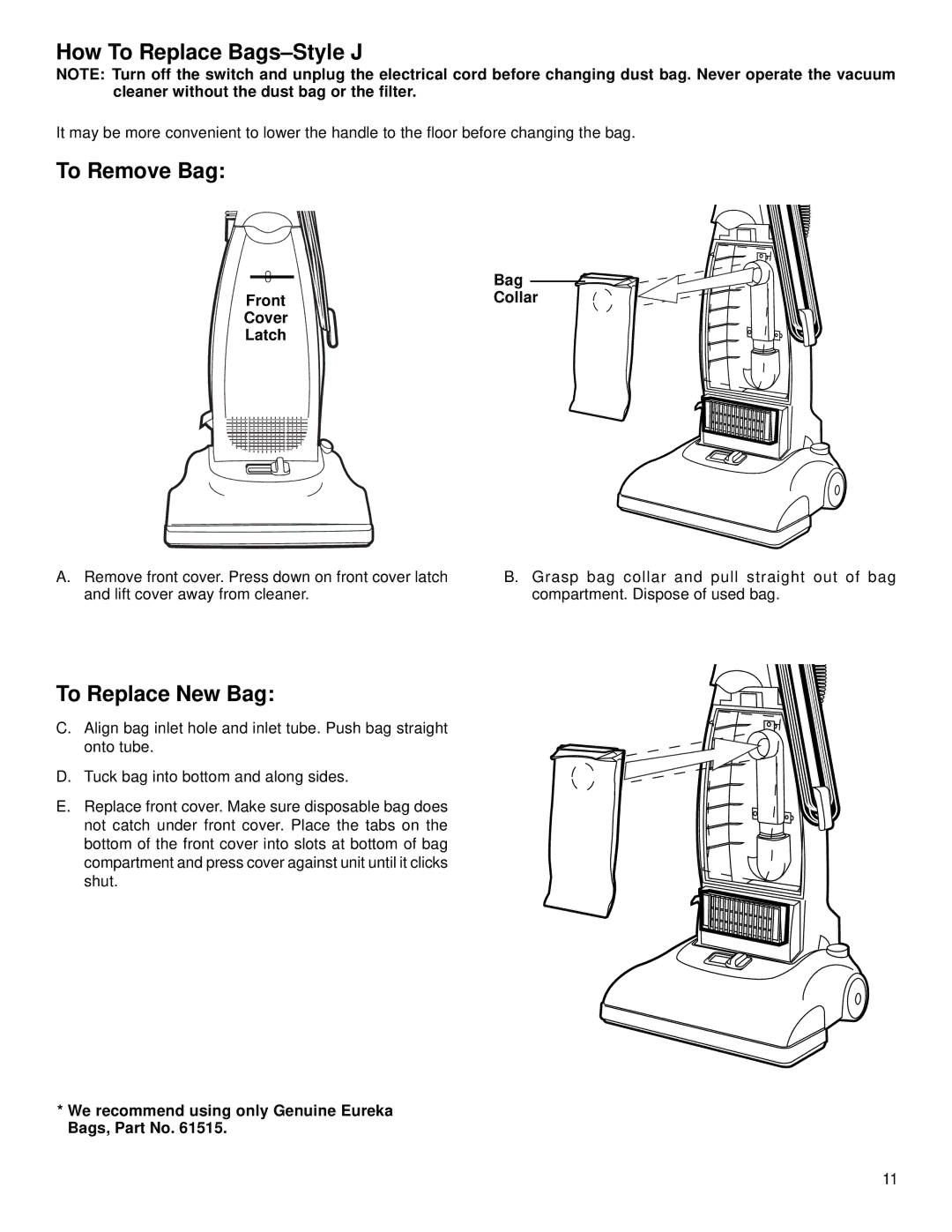 Eureka 2280 warranty How To Replace Bags-Style J, To Remove Bag, To Replace New Bag, Front Cover Latch Bag Collar 