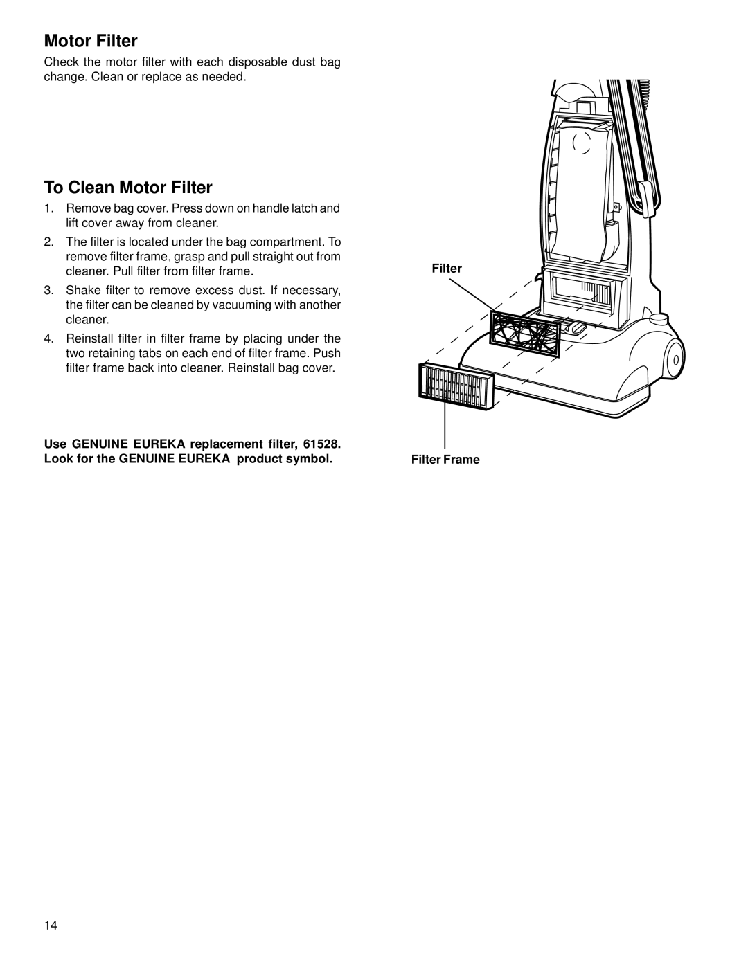 Eureka 2280 warranty To Clean Motor Filter 