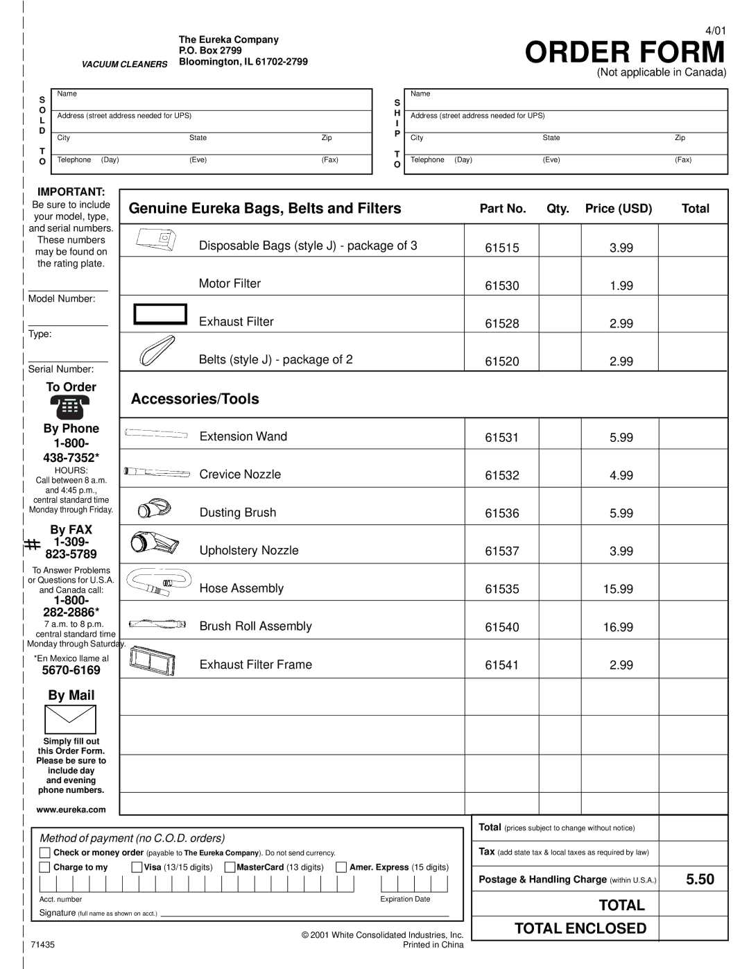 Eureka 2280 warranty Qty. Price USD Total, By Phone, 800 438-7352, By FAX 309, 823-5789, 800 282-2886, 5670-6169 