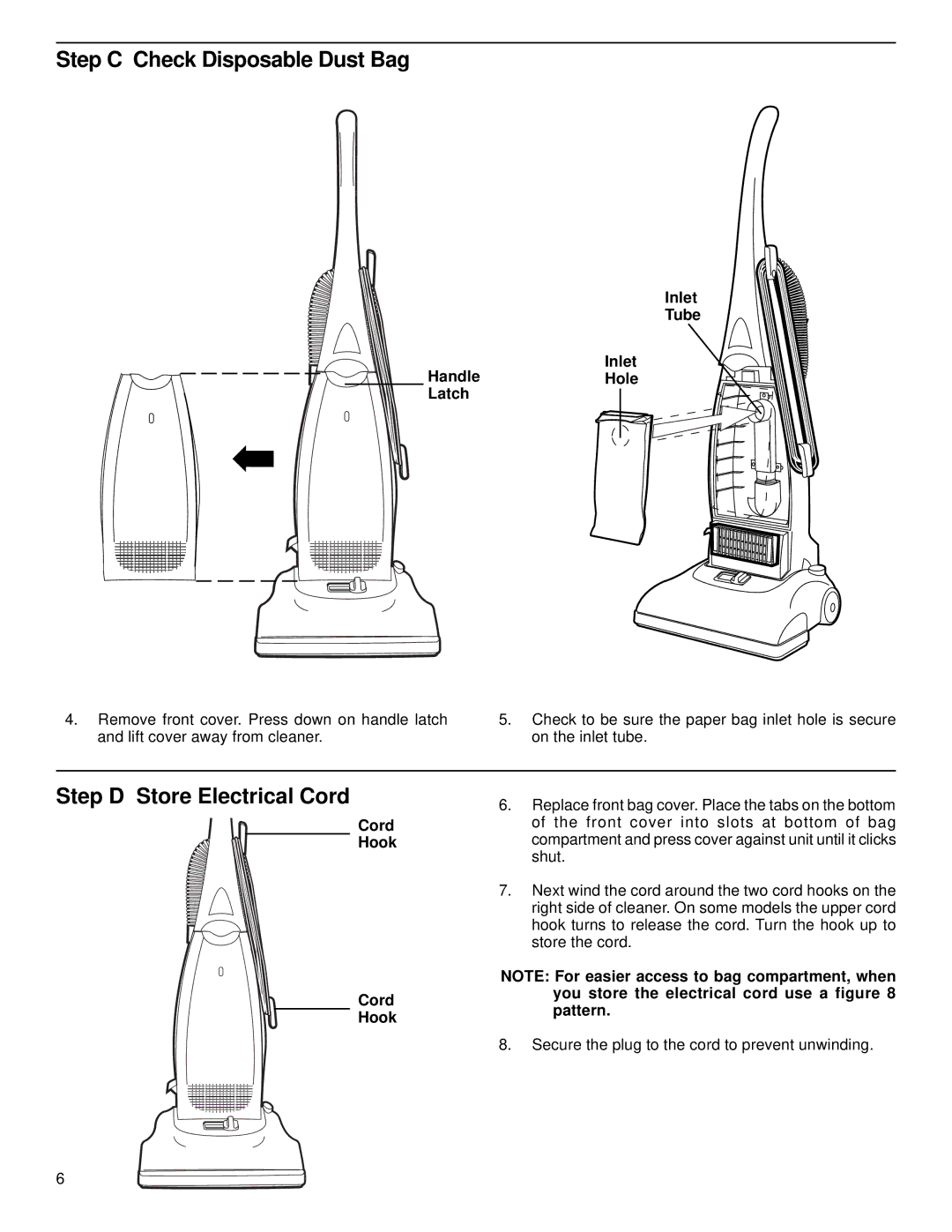 Eureka 2280 warranty Step C Check Disposable Dust Bag, Step D Store Electrical Cord, Inlet Tube HandleHole Latch, Cord Hook 