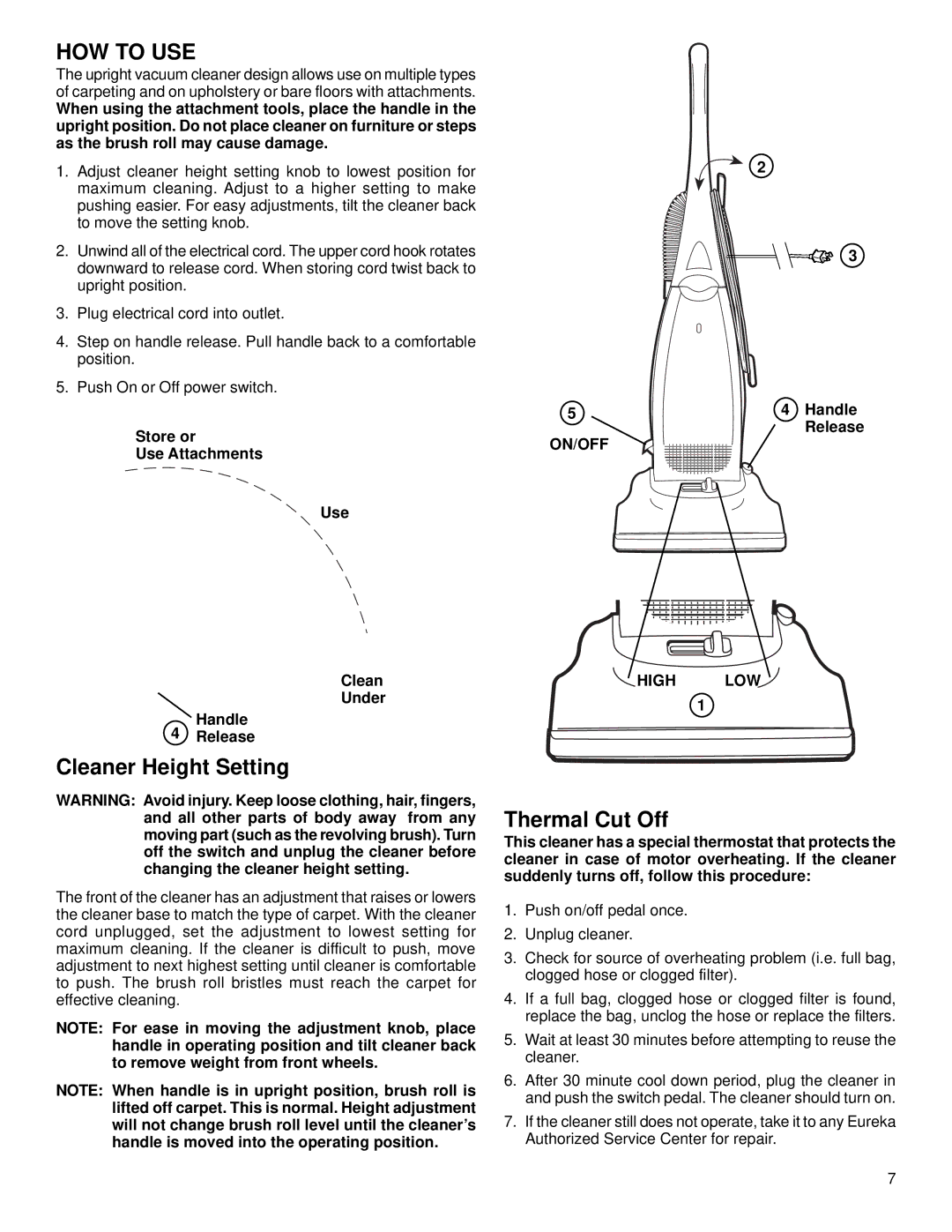 Eureka 2280 warranty HOW to USE, Cleaner Height Setting, Store or Use Attachments Clean Under Handle Release 