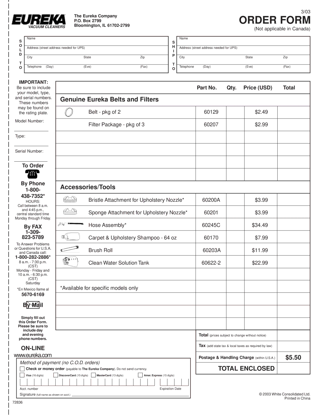 Eureka 2500 warranty Order Form 