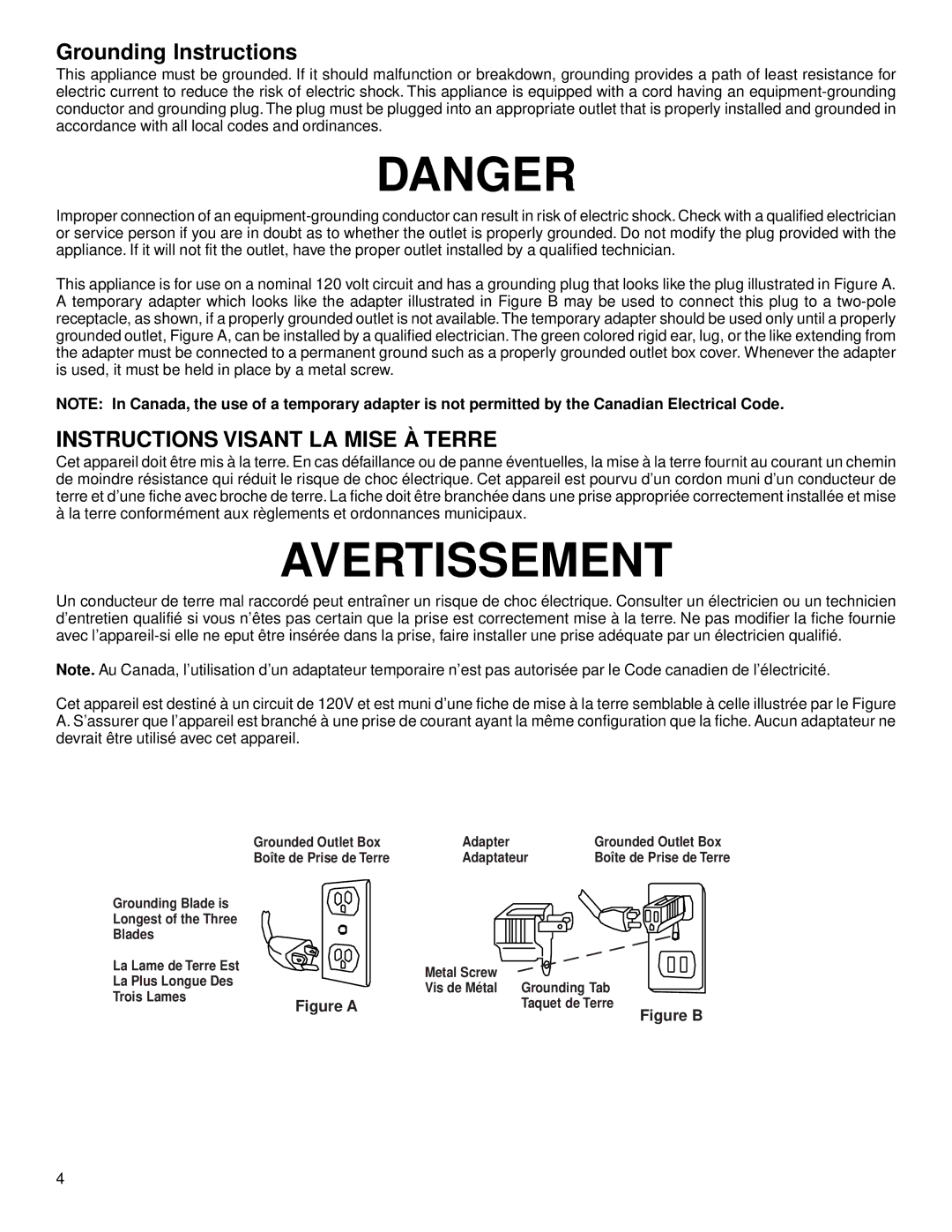 Eureka 2500 warranty Grounding Instructions, Instructions Visant LA Mise À Terre 