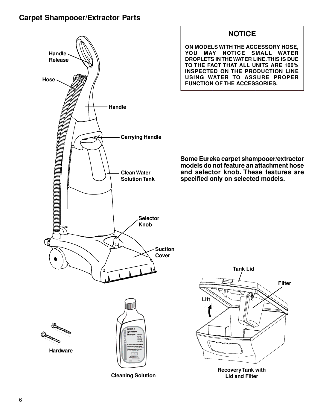 Eureka 2500 warranty Carpet Shampooer/Extractor Parts, Tank Lid Filter Lift Cleaning Solution 