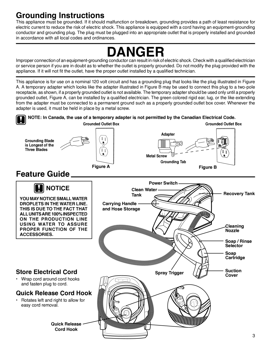 Eureka 2550 manual Grounding Instructions, Feature Guide, Store Electrical Cord, Quick Release Cord Hook 