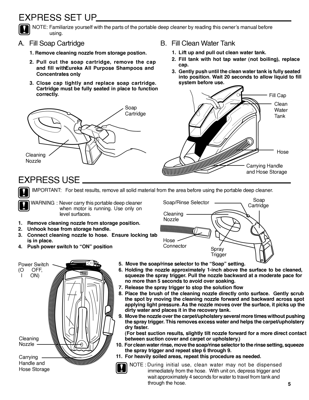 Eureka 2550 manual Express USE, Fill Soap Cartridge 