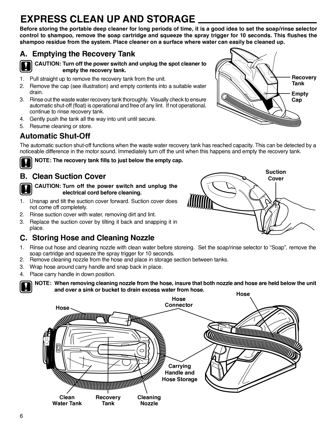 Eureka 2550 manual Express Clean UP and Storage, Emptying the Recovery Tank, Automatic Shut-Off, Clean Suction Cover 