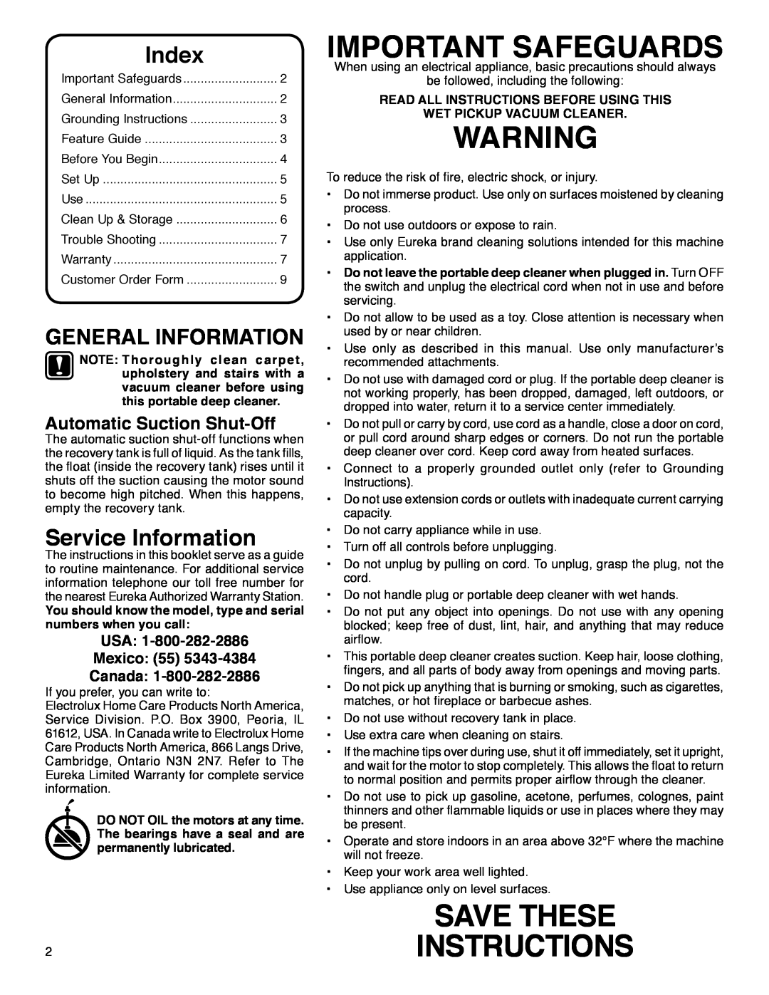 Eureka 2550 manual Important Safeguards, SAVE THESE 2INSTRUCTIONS, Index, Service Information, Automatic Suction Shut-Off 