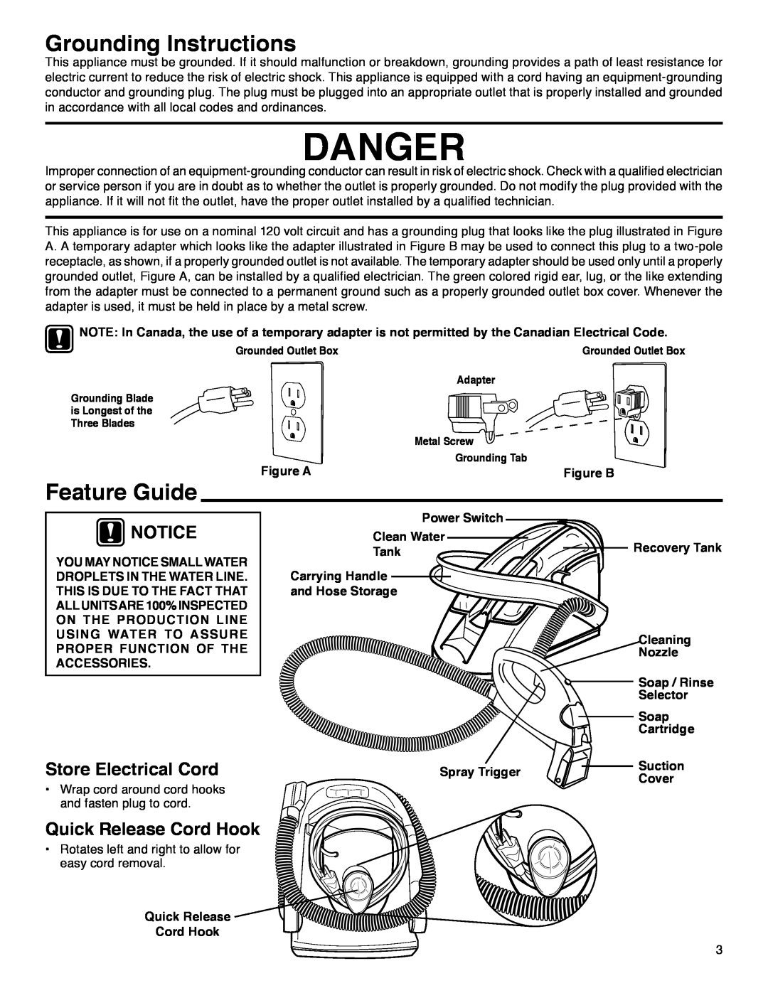 Eureka 2550 manual Grounding Instructions, Feature Guide, Store Electrical Cord, Quick Release Cord Hook, Danger 