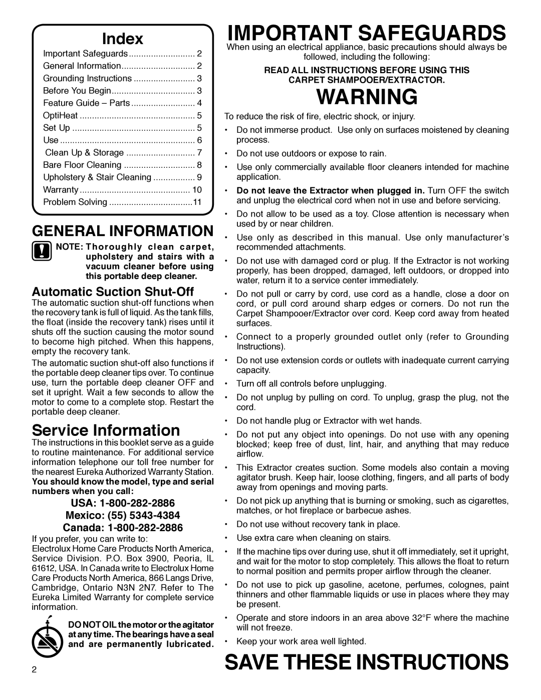 Eureka 2590 Series manual Index, Service Information, Automatic Suction Shut-Off 