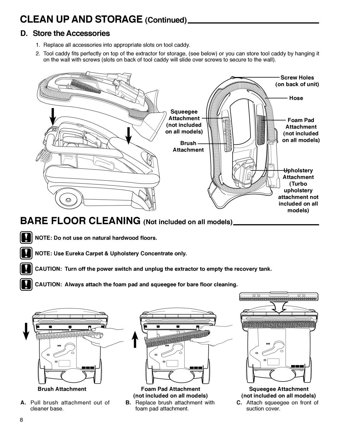 Eureka 2590 Series manual Clean UP and Storage, Store the Accessories 