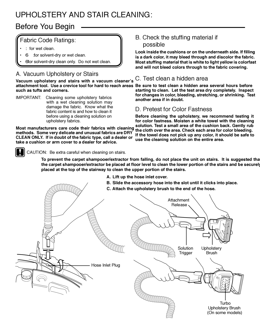 Eureka 2590 Series manual Upholstery and Stair Cleaning Before You Begin, Fabric Code Ratings, Vacuum Upholstery or Stairs 