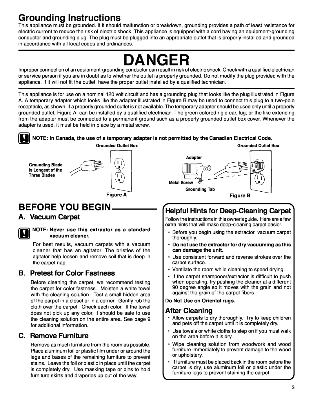 Eureka 2590 Series manual Grounding Instructions, Before You Begin, A. Vacuum Carpet, B. Pretest for Color Fastness, Danger 