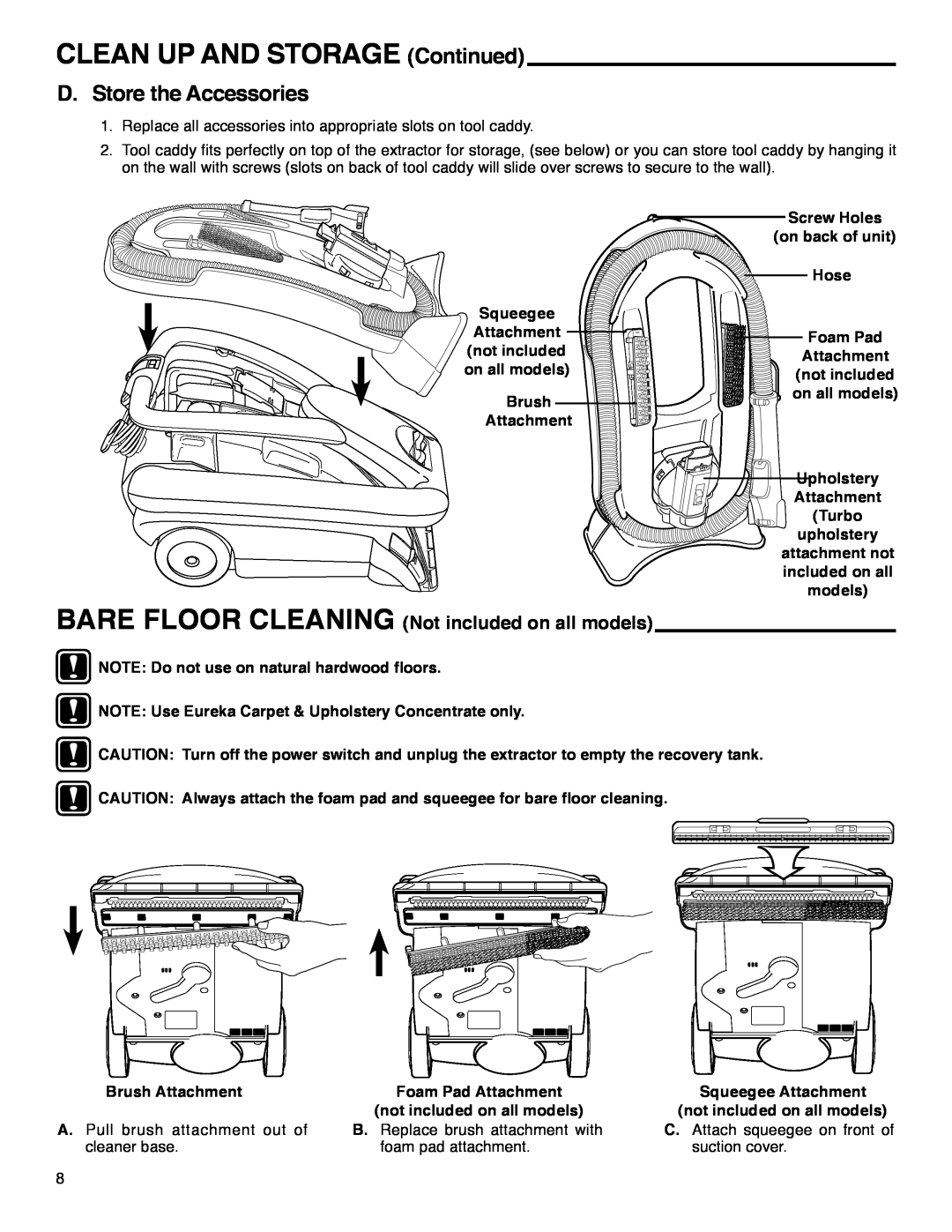 Eureka 2590 Series manual CLEAN UP AND STORAGE Continued, D. Store the Accessories 