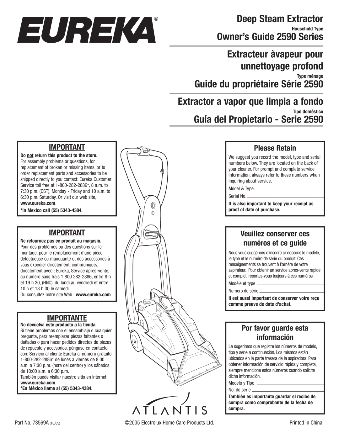 Eureka 2590 manual Importante, Please Retain, Por favor guarde esta Información, Part No a 10/05 