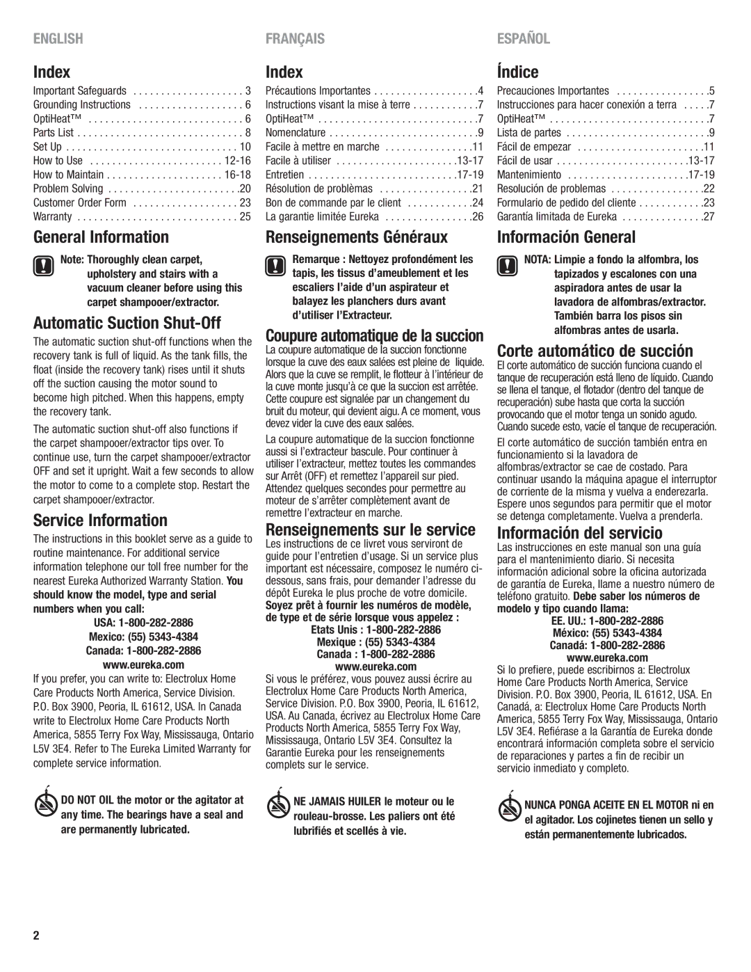 Eureka 2590 Index, Índice, General Information Automatic Suction Shut-Off, Service Information, Renseignements Généraux 