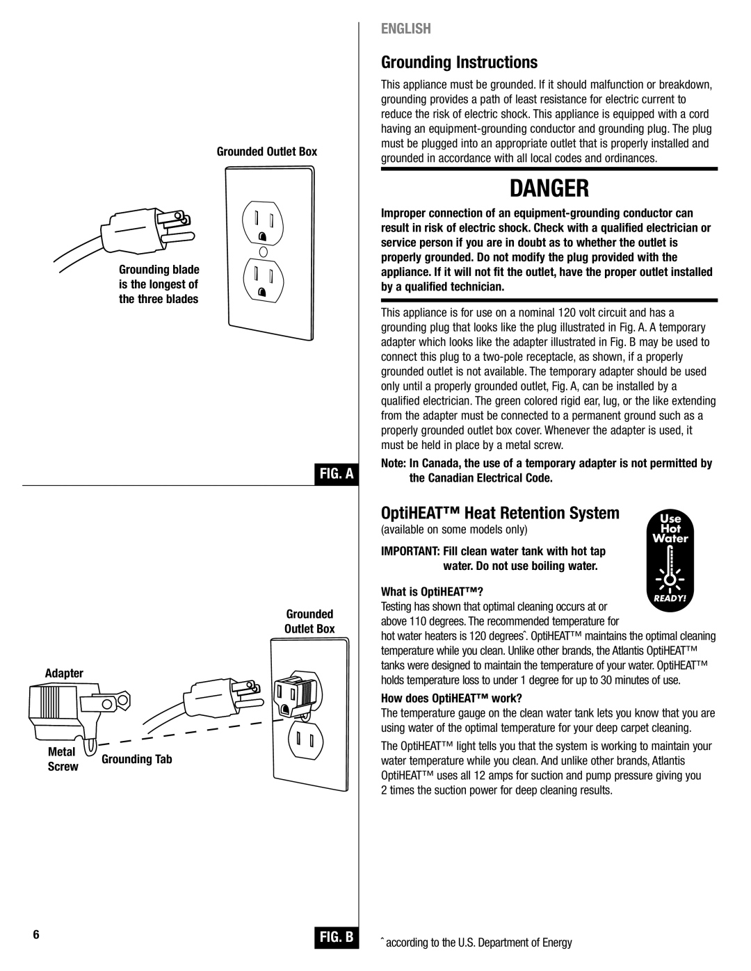 Eureka 2590 manual Grounding Instructions, Grounded Outlet Box Adapter Metal Grounding Tab Screw, What is OptiHEAT? 