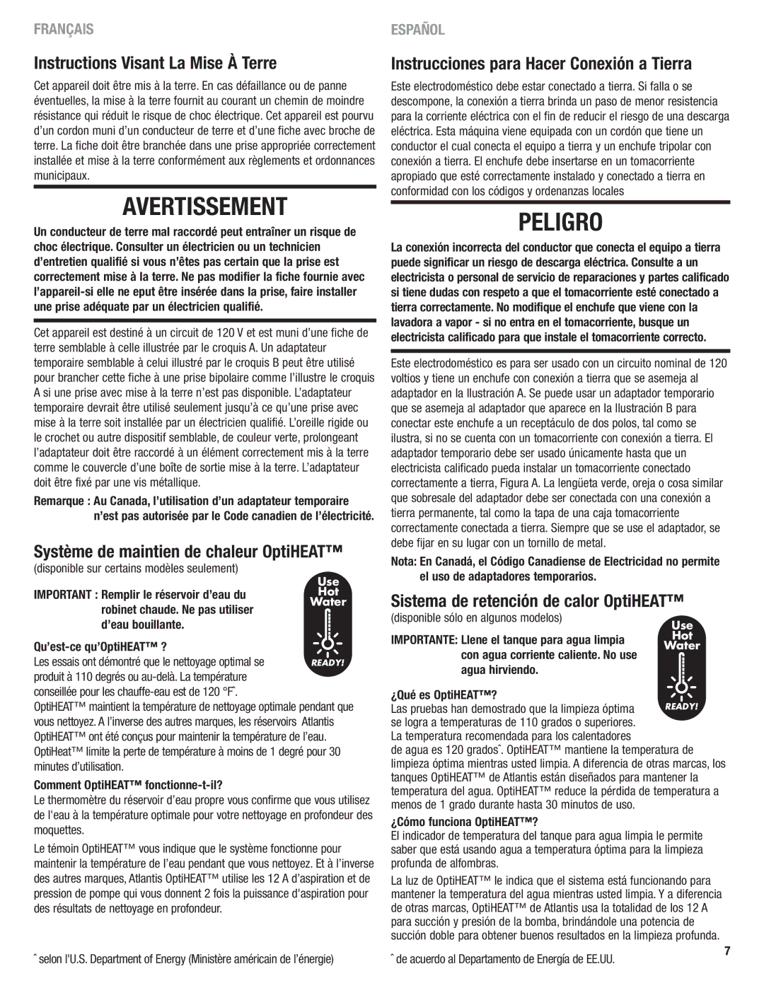 Eureka 2590 manual Instructions Visant La Mise À Terre, Sistema de retención de calor OptiHEAT 