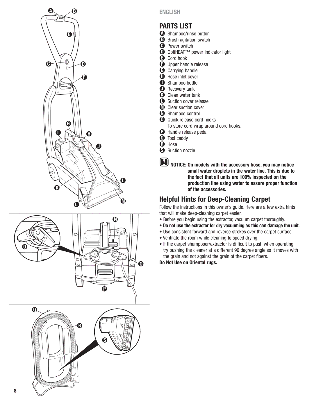 Eureka 2590 Parts List, Helpful Hints for Deep-Cleaning Carpet, OptiHEAT power indicator light E Cord hook, Suction nozzle 