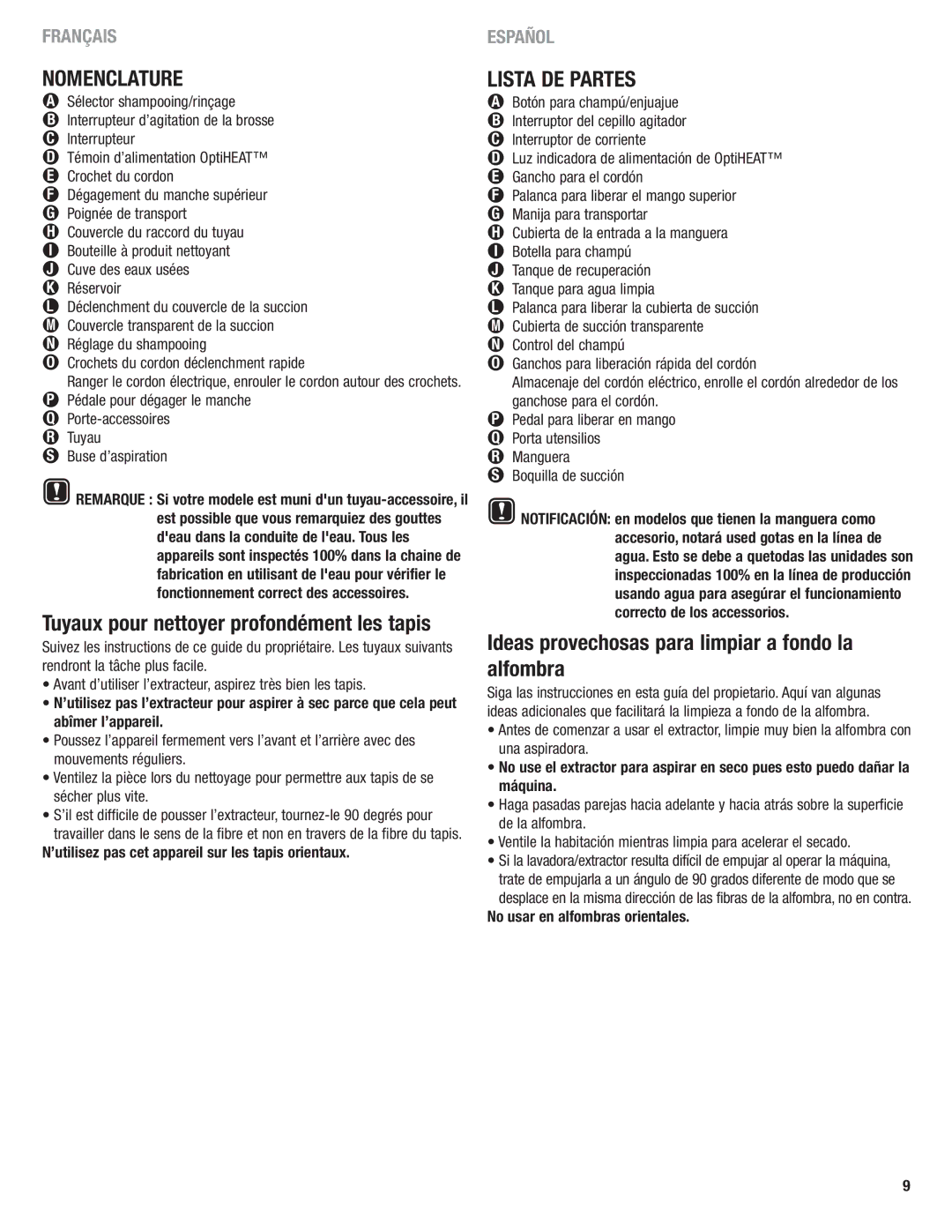 Eureka 2590 manual Nomenclature, Lista DE Partes, Ideas provechosas para limpiar a fondo la alfombra 