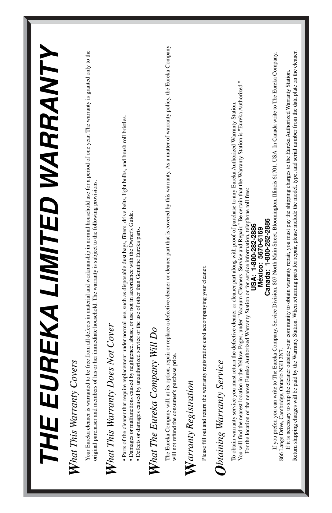 Eureka 2800 Series warranty Eureka Limited Warranty 