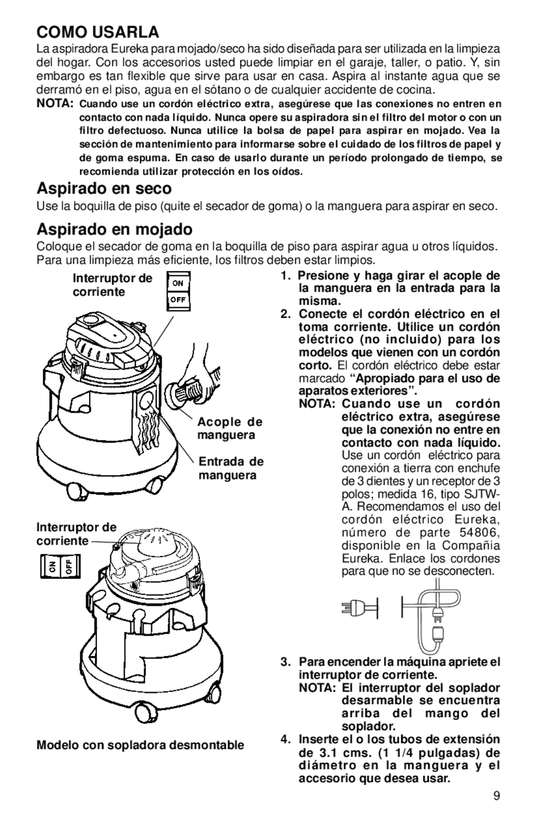 Eureka 2800 Series warranty Como Usarla, Aspirado en seco, Aspirado en mojado 