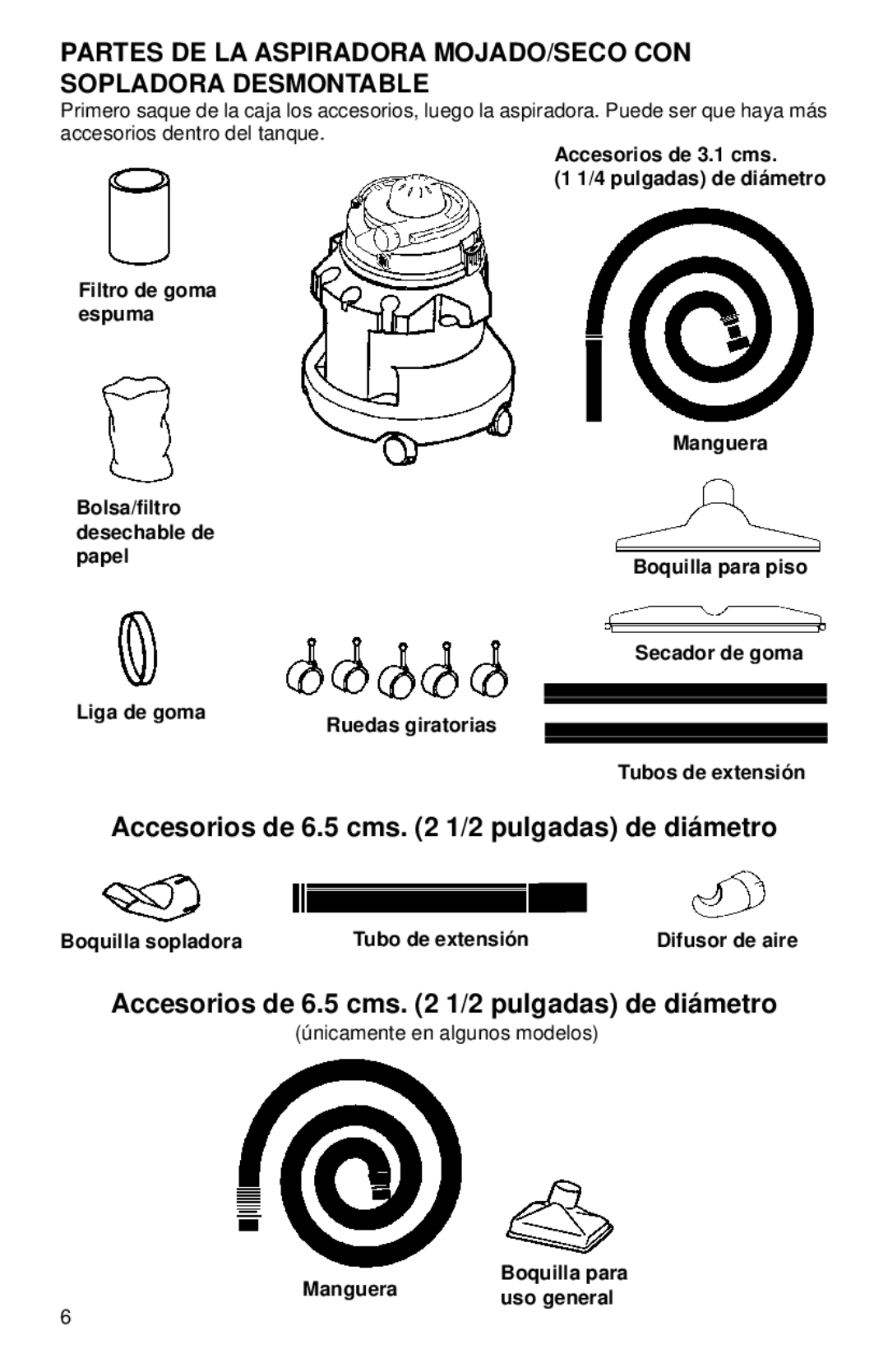 Eureka 2800 Series warranty Accesorios de 6.5 cms 1/2 pulgadas de diámetro 