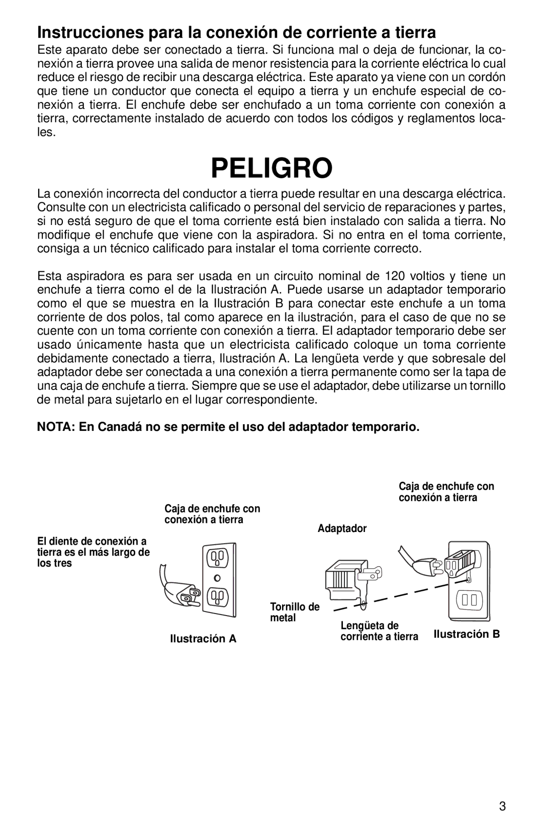 Eureka 2800 Series warranty Peligro, Instrucciones para la conexión de corriente a tierra 