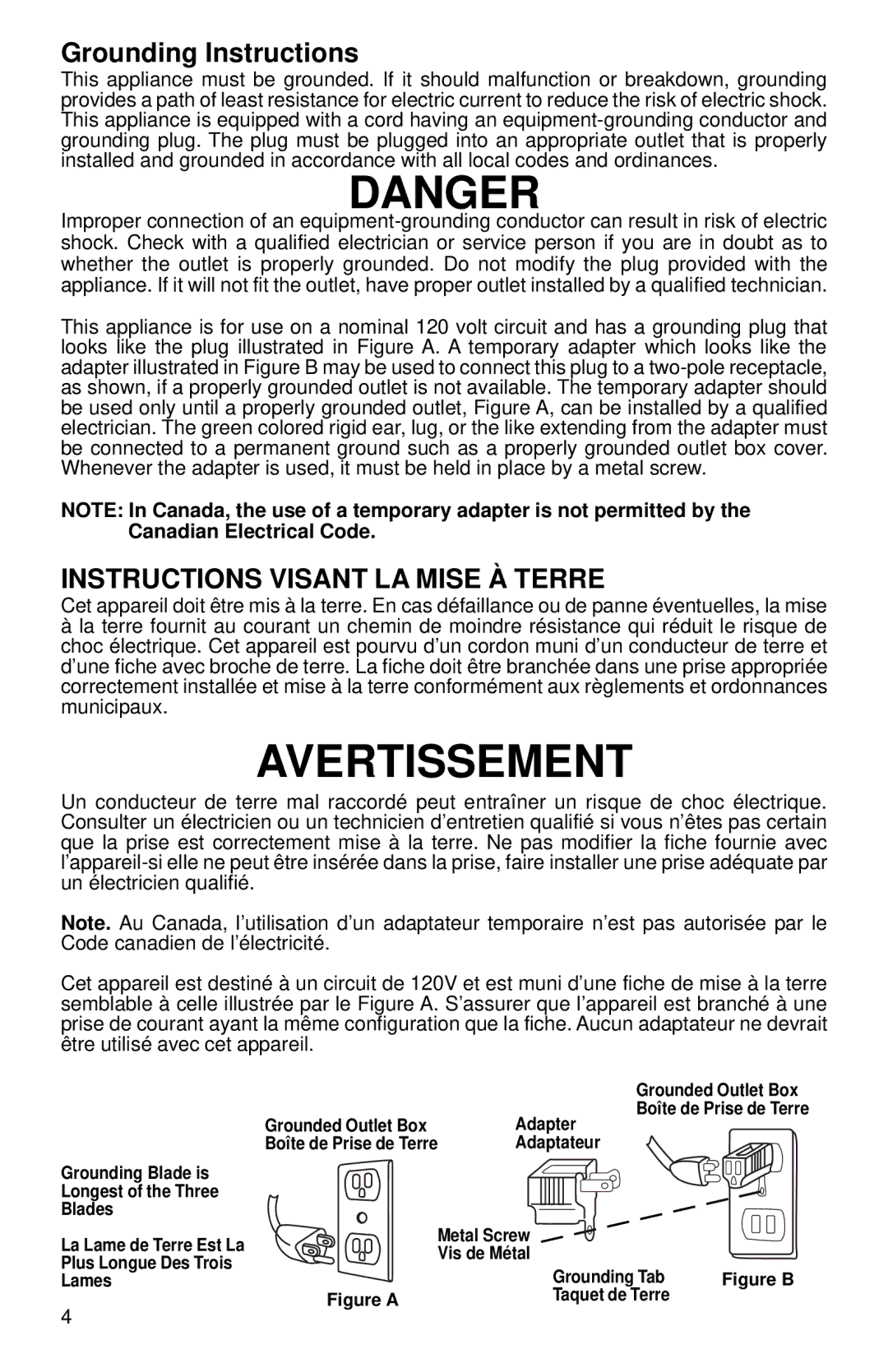 Eureka 2800 Series warranty Grounding Instructions, Instructions Visant LA Mise À Terre 